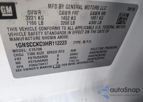 2017 Chevrolet Tahoe Premier z USA, uszkodzony, nr VIN 1GNSCCKC9HR112223